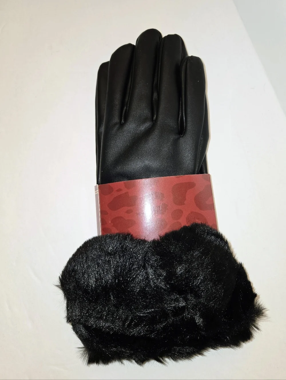 Dear Delta Black Faux Leather Gloves with Fur Cuff NEW